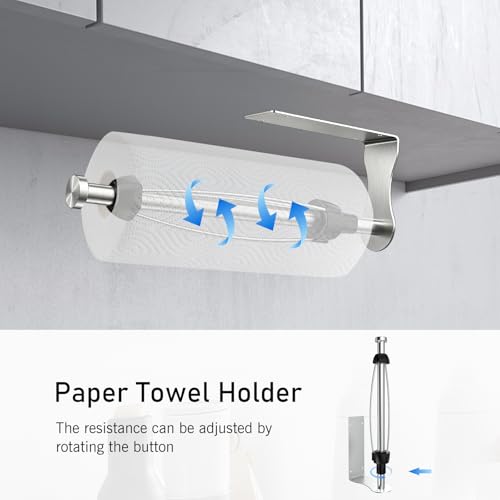 SetSail Paper Towel Holder, Paper Towel Holder Under Cabinet with Adjustable Damper Easy Tear Wall Mount Self-Adhesive or Drilled for Kitchen Bathroom, Silver - color: Silver