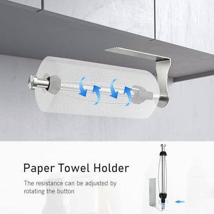SetSail Paper Towel Holder, Paper Towel Holder Under Cabinet with Adjustable Damper Easy Tear Wall Mount Self-Adhesive or Drilled for Kitchen Bathroom, Silver - color: Silver