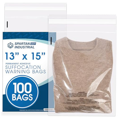 13” X 15” (100 Count) Self Seal Clear Poly Bags with Suffocation Warning - size: 13" X 15"