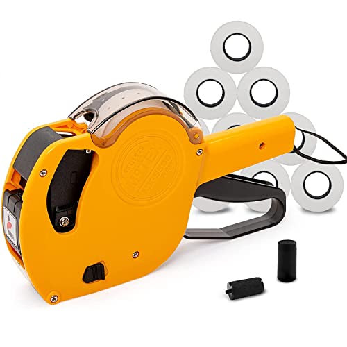 Motex Genuine MX-5500NEW 1 Line 8 Digits Price Tag Gun Kit - Includes 10,000 White Blank Labels and 1 Pre-Loaded Inker with 1 Ink Refill - for Grocery Store, Retail Shop, Garage Sale (Yellow) - color: Yellow Kit - 9 White Rolls