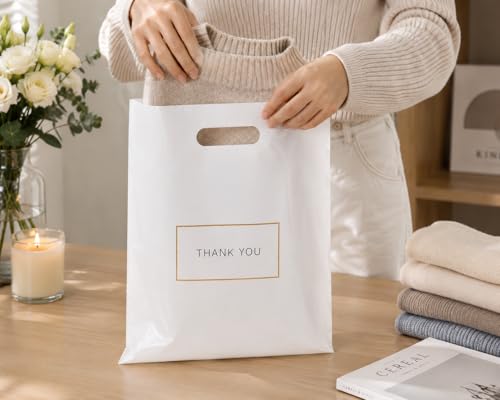 Purple Q Crafts 100 Pack Die Cut White Thank You Plastic Shopping Bags, 12" x 15" with Handles - color: White