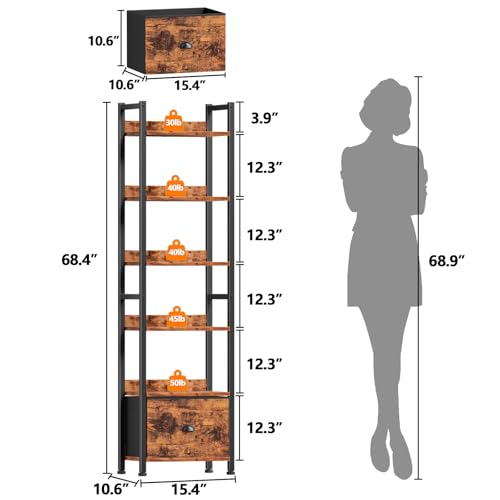 Furologee 6 Tier Bookshelf with Drawer, Tall Narrow Bookcase, Rustic Brown - color: Rustic Brown, size: 6 Tier