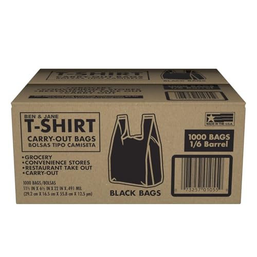 Made in USA Black Plastic T-Shirt Carry Out Bags, 11.5" x 6.5" x 22", Heavy Duty .491 mil Retail Shopping Bags, 1000 Count