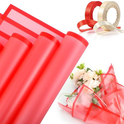 Tenare Flower Wrapping Paper and Ribbon Set 36 Sheets Bouquet Wrapping Paper with 50 Yards Double Face Satin Ribbon for Flower Gift DIY, Florist Supplies(Red) - color: Red