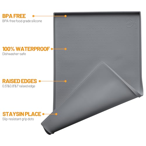 Hubulk Dog Feeding Mat,100% Waterproof BPA Free Silicone Pet Food and Water Bowl Placemat,Dishwasher, High Raised Edge to Prevent Spills,Nonslip Tray to Stop Messes on Floor (19"x12"x0.5", Grey) - color: Grey, size: 19"l X 12"w