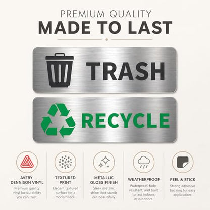 GRITKULTURE Premium Trash & Recycling Stickers for Bins – 2 Pack Metallic Look Printed Labels (Not Real Metal) – Clear Waste Sorting Decals for Kitchen, Office & Garage – Waterproof Vinyl, Easy Peel & Removable(1)
