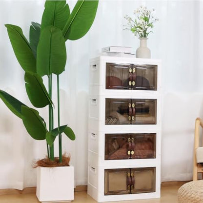 MOONEDGE 140QT Stackable Plastic Storage Bins, 4-Tier Foldable Cabinet - size: 140QT