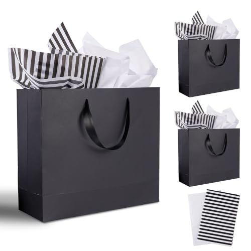 Plauthus 15.7" Black Gift Bags, 3 Pack, Tissue Paper, Ribbon Handle - color: black-XL-3pcs