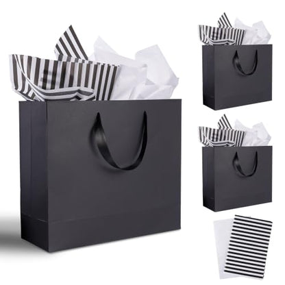 Plauthus 15.7" Black Gift Bags, 3 Pack, Tissue Paper, Ribbon Handle - color: black-XL-3pcs
