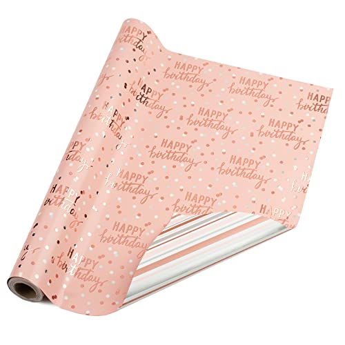 LeZakaa Reversible Pink Birthday Wrapping Paper Roll for Girls Women, Happy Birthday Lettering & Stripe Pattern with Metallic Foil in Pink, Large Roll, 30 inches x 32.8 Feet (92.9 sq.ft.) - color: Birthday - Metallic Pink, size: 30" X 32.8 ft