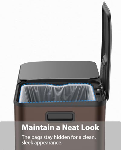 Dual Trash and Recycling Bins for Kitchen, 2×13 Gallon (2× 50L) Stainless Steel Trash and Recycle Bin Combo with Soft-Close Lid, Large Garbage Cans for Kitchen Home with 2 Magnets Sticker, Brown - color: Brown