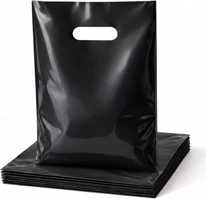 100 Count Black Plastic Gift Bags with Handles, 9 x 12 Inch - color: 09-Black, size: 9"x12"