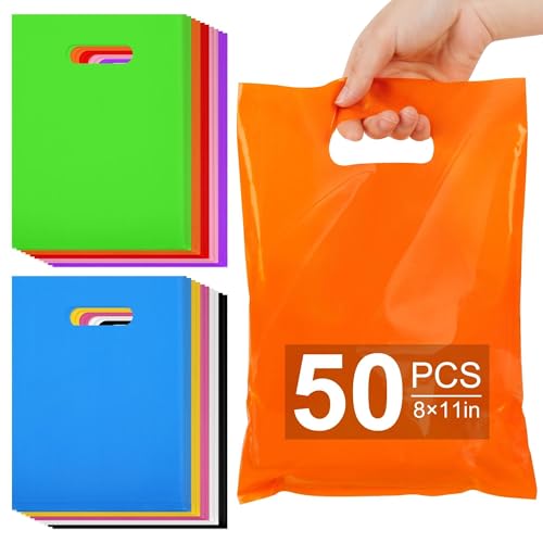 VieFantaisie 50 PCS Party Favor Bags, 8" x 11" Goodie Bag for Candy Treat Crafts, Plastic Gift Bags Bulk with Handle for Birthday Party, School Events, Thanksgiving, Christmas, Halloween, 10 Colors - color: Multicolor-50PCS-8x11Inch
