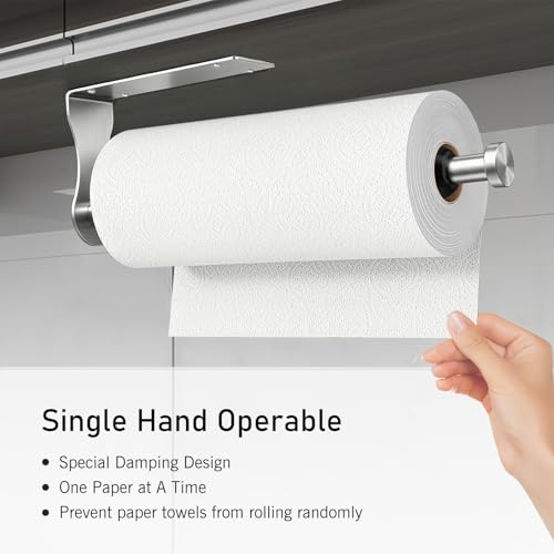 SetSail Paper Towel Holder, Paper Towel Holder Under Cabinet with Adjustable Damper Easy Tear Wall Mount Self-Adhesive or Drilled for Kitchen Bathroom, Silver - color: Silver