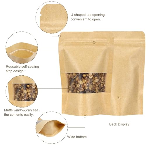 50 Pack Kraft Resealable Bags with Window for Storage (6 x 8.1 Inches) - size: 6 x 8.1 Inches