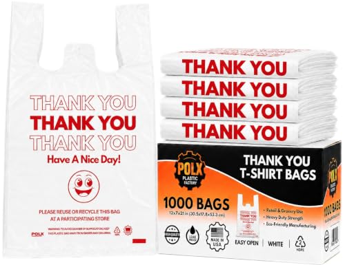 POLX Thank You Plastic T-Shirt Bags with Handles, 1000 Count (White)