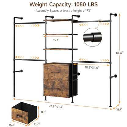 ONBRILL T3 Wall Mounted Industrial Pipe Closet Organizers Storage System - color: Rustic Brown