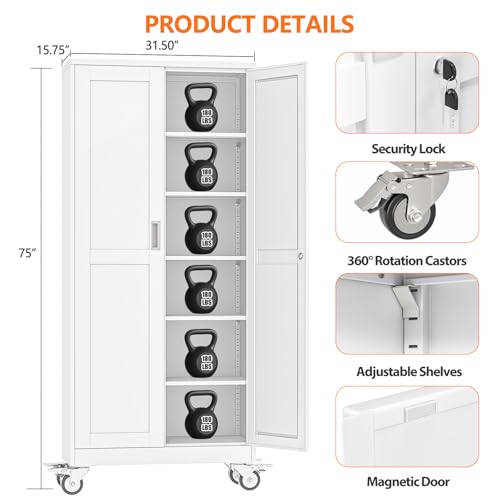 pozdeg 75" White Lockable Rolling Metal Garage Storage Cabinet - color: White, size: 15.75"D x 31.5"W x 75"H