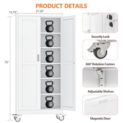 pozdeg 75" White Lockable Rolling Metal Garage Storage Cabinet - color: White, size: 15.75"D x 31.5"W x 75"H