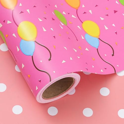 Ulmasinn Reversible Birthday Wrapping Paper Roll - 17" x 16.4 Ft, Double Sided Balloon & Polka Dot for Kids Gifts, Baby Shower, Party - color: Balloon & Pink Birthday