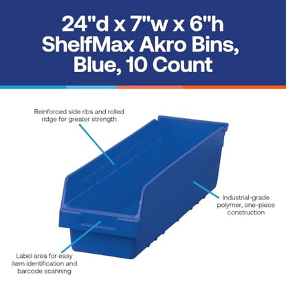 SI Shelving Inc. 24" d x 7" w x 6" h ShelfMax Akro Bins, Blue, 10 Count