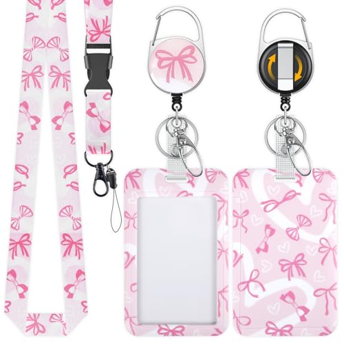 Uniclife Fashionable Sliding Badge Holder Bowknot Pattern with Reel - color: Pink Bowknot-vertical