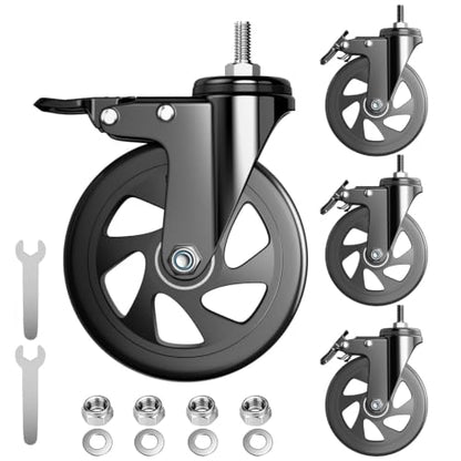 5 inch Caster Wheels, 3/8"-16 x 1 Threaded Stem Casters Set of 4(Stem Diameter 3/8", Stem Length 1"), No Noise Safety Dual Locking Polyurethane (PU) Wheels, Swivel Heavy Duty Casters 2400lbs - color: Black-3/8"-16x1", size: 5 Inch