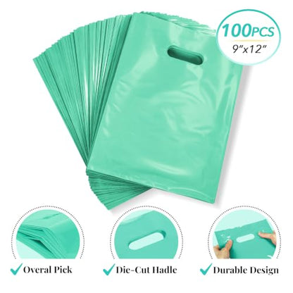 100 Count Teal Plastic Gift Bags with Handles, 9 x 12 Inch - color: 05-Teal, size: 9"x12"