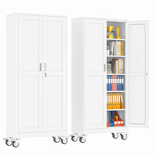 pozdeg 75" White Lockable Rolling Metal Garage Storage Cabinet - color: White, size: 15.75"D x 31.5"W x 75"H