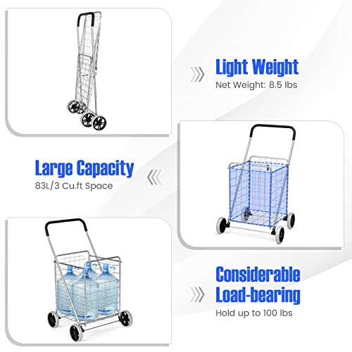 COSTWAY Shopping Cart with Wheels, Folding Grocery Cart with Basket