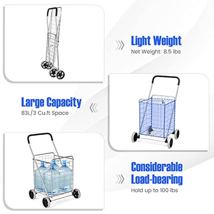 COSTWAY Shopping Cart with Wheels, Folding Grocery Cart with Basket