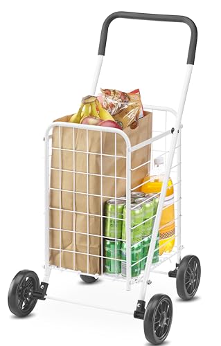 Whitmor Folding Utility Shopping Cart with Wheels, Heavy Duty Metal Grocery Cart, Portable Foam Handle, Rolling Collapsible Trolley for Groceries, Laundry, Storage, White - size: 19.5"L x 18.5"W x 34.5"H, White