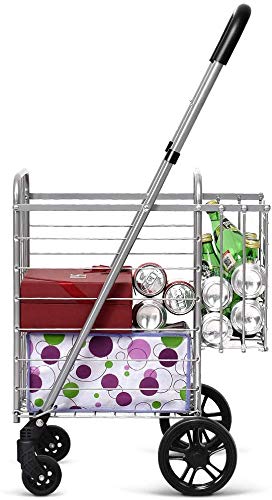 ARLIME Folding Shopping Cart, Double Basket Supermarket Cart with Adjustable Wide Cushion Handle Bar and Swivel Wheels, Suitable for Grocery Book Luggage Travel Laundry, Large Utility Carts (Silver)