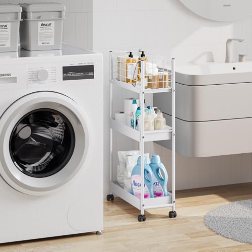 KINGRACK Slim Rolling Storage Cart, 3 Tier Metal Utility Cart, White - color: White, size: 3-Tier