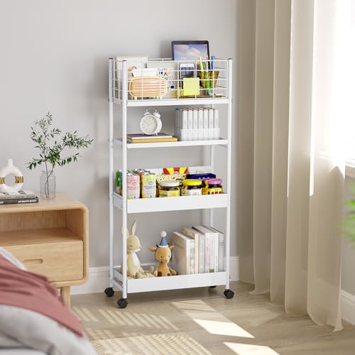 KINGRACK 4 Tier Slim Rolling Cart, Metal Utility Storage Cart with Wheels - color: White, size: 4-Tier