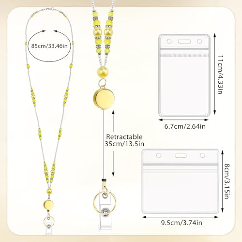 Beaded Teacher Lanyard with Retractable Badge Reel, Yellow - color: Yellow