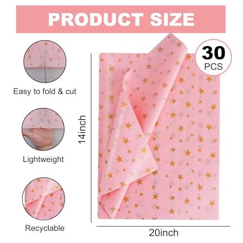 BEISHIDA Pink and Gold Star Tissue Paper Bulk,Wrapping Tissue Paper for Gift Bags, 14 x 20 Inch Gift Wrap for Christmas Birthday Wedding Graduation DIY Crafts Holiday Flowers-30 Sheets - color: 30-pg