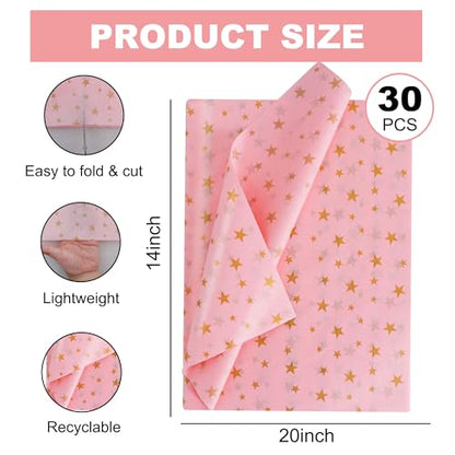 BEISHIDA Pink and Gold Star Tissue Paper Bulk,Wrapping Tissue Paper for Gift Bags, 14 x 20 Inch Gift Wrap for Christmas Birthday Wedding Graduation DIY Crafts Holiday Flowers-30 Sheets - color: 30-pg