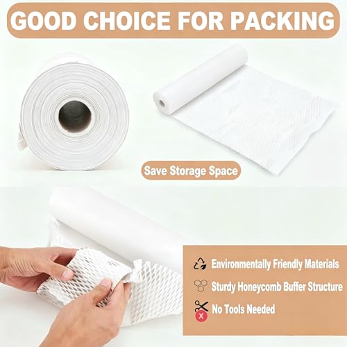 12 Inch x 230 Ft Honeycomb Kraft Packaging Paper White, Plastic Free Cushioning Packing Paper with Fragile Warning Labels, Recyclable Bubble Wrap Substitute for Household Moving & Business Shipping - color: White