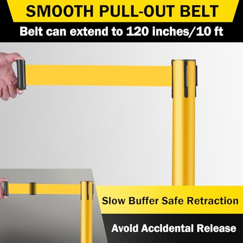 10 ft Crowd Control Stanchion Set, Yellow Crowd Control Barrier with Retractable Belts & Water-Filled Base, Queue Management Stanchion (6 Pack) - size: Water Filled Base-6 Pack