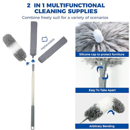 4 Pcs Dusters for Cleaning, 2 in 1 Microfiber Dusters and Retractable Gap Dust Cleaner with 1 Microfiber Dusting Cloths Long Handle 30-100 Inches Extension Pole for Ceiling Fan Cleaning Supplies - size: 4 PCS Dusters