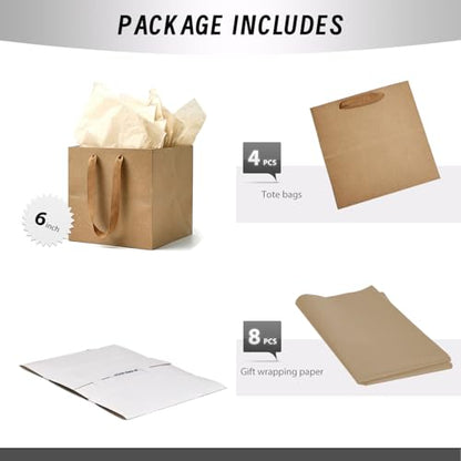 Aosric Brown Square Gift Bags with Tissue Paper, 4 Pack 6x6x6 Inch - color: Brown