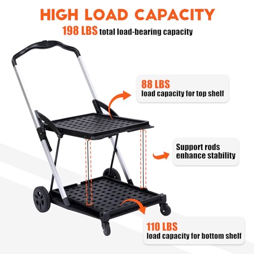 2 Tier Folding Shopping Carts, Multipurpose Rolling Trolley with 360 Rolling Swivel Wheels & Storage Crate, Rolling Organizer for Groceries, Warehouse,Outdoor, 2 Cargo Boxes