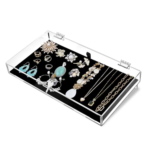 MOOCA Acrylic Rectangular Marketing Holder Locking Security Showcase Safe Box Display Tray, Perfect for Watches Jewelry, Knives, Eyewear with a Key and a Black Padding - color: 1) Regular W/Velvet Pad