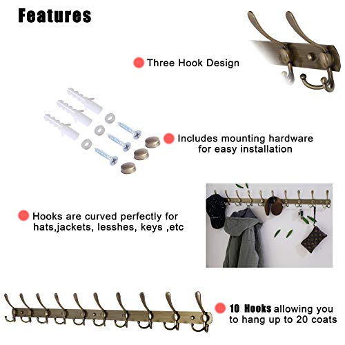 Dseap Coat Rack Wall Mount - 38” Long 10-Tri-Hooks Heavy Duty Coat Hanger Rail Wall Hooks for Hanging Coats Hats Clothing Clothes Purse Mudroom Entryway, Bronze, Pack of 2 - color: Bronze, size: L=38” (2 Pcs)