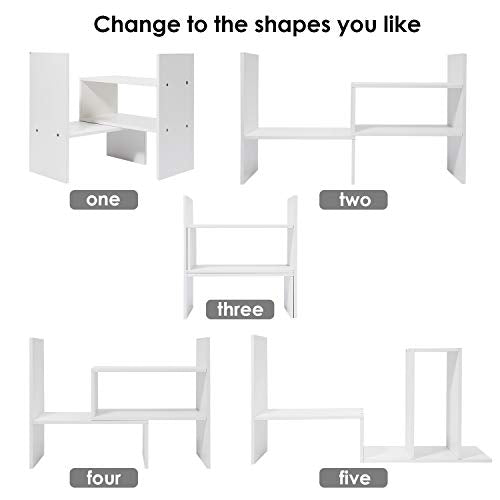 Hossejoy Wood Adjustable Desktop Storage Organizer Display Shelf Rack, Office Supplies Desk Organizer,White - color: White