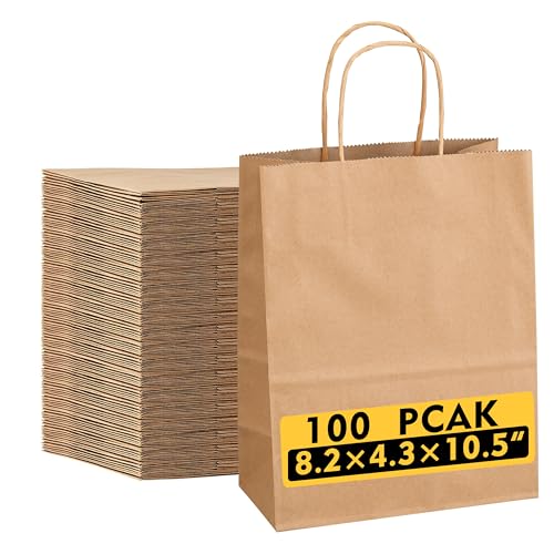 Tlpmsk 100Pcs Brown Paper Bags with Handles,8.2×4.3×10.5 Inch Gift Bags - color: 100Pack-Brown-8.2x4.3x10.5 In