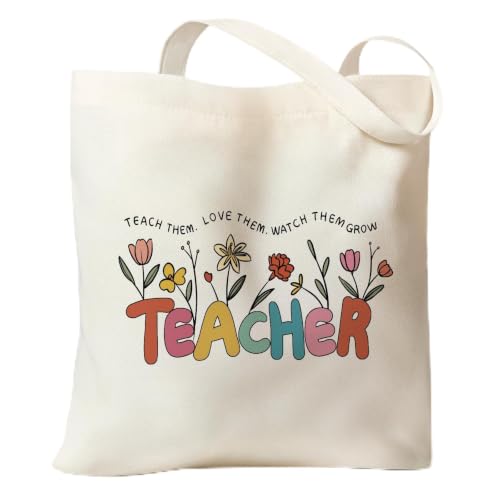 Cute Canvas Tote Bag for Women, Book Totebag with Zipper Pocket - color: Teacher Floral