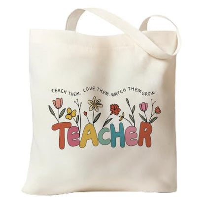 Cute Canvas Tote Bag for Women, Book Totebag with Zipper Pocket - color: Teacher Floral