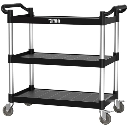 TUFFIOM Plastic Service Utility Cart with Wheels,Heavy Duty 450lbs Capacity, 3-Tier Commercial Rolling, Ideal for Restaurant, Foodservice, Office, Warehouse, Black 39.8''L x 19.1''W x 38.4''H - size: Black 39.8''L x 19.1''W x 38.4''H